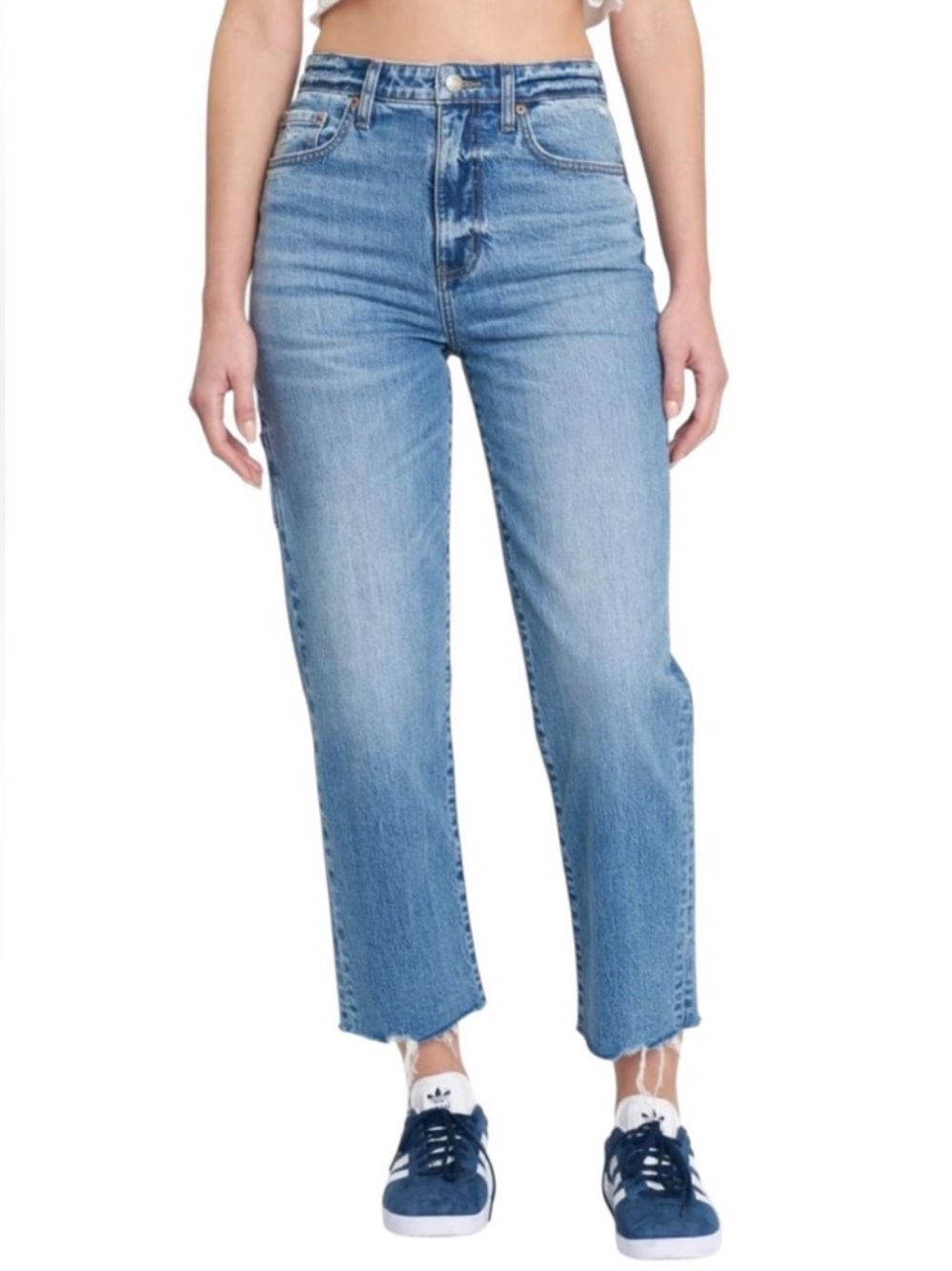 DAZE women’s High-Rise Straight 29 raw edge zipper Crop carpenter Blue jeans